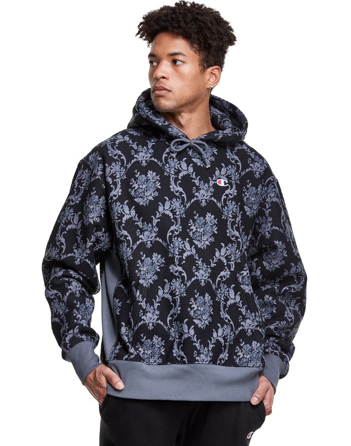 Champion Reverse Weave All Over Print Erkek Kapşonlu Sweatshirt Gri/Siyah ( TNACXU016 )